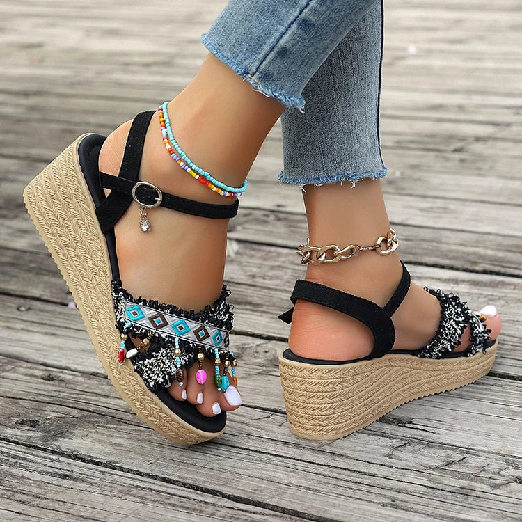 Ethnic Pattern Beaded Pendant Hanging Fringe Ankle Strap Wedge Sandals