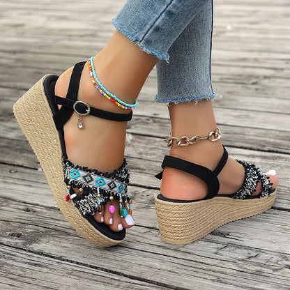 Ethnic Pattern Beaded Pendant Hanging Fringe Ankle Strap Wedge Sandals