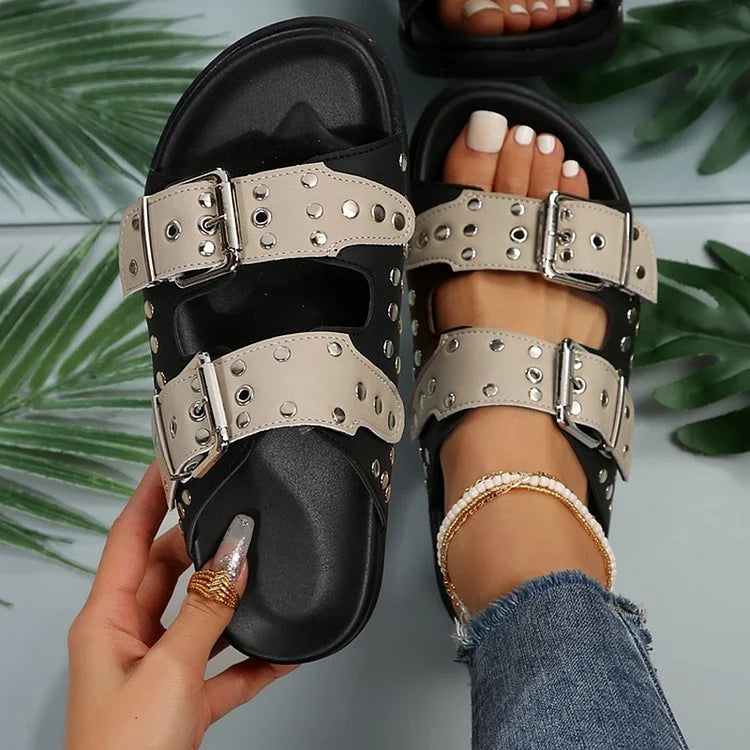 Studded Buckle Instep Belt Color Block Patchwork Slippers