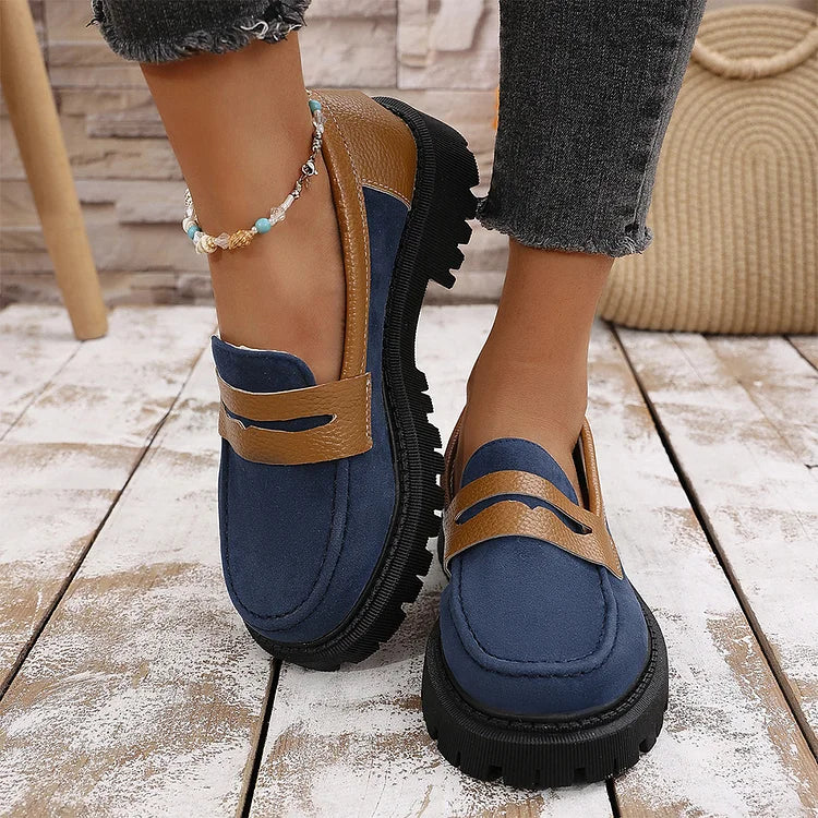 Colorblock Round Toe Patchwork Chunky Heel Casual Loafers