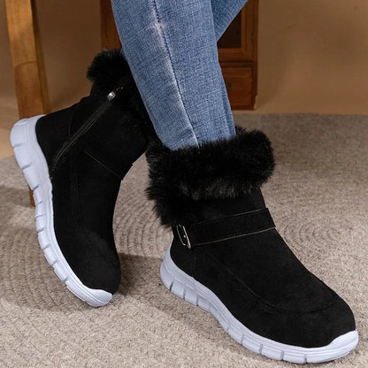 Fluffy Trim Patchwork Strap Buckle Round Toe Snow Boots