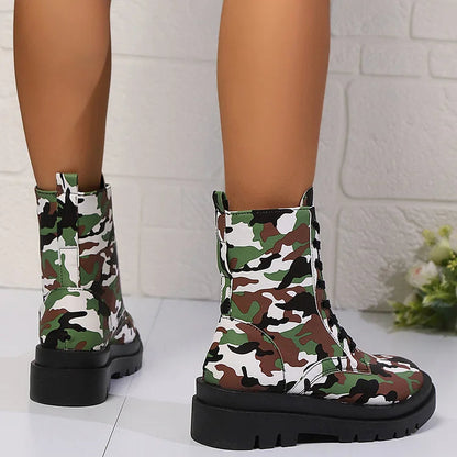 Camouflage Print Round Toe Chunky Heel Lace Up Mid Boots