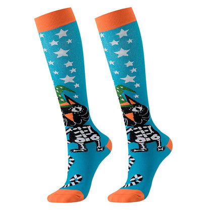 Happy Halloween Skull Pumpkin Ghost Print Color Block Over The Calf Socks