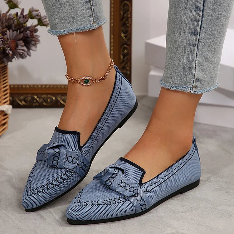 Colorblock Pattern Knitted Pointed Toe Knotted Slip On Flats