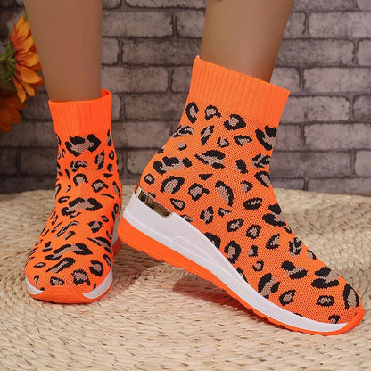 Knit Leopard Pattern Round Toe Wedge Heel Ankle Boots