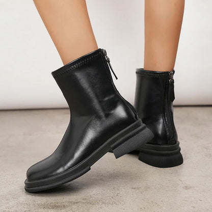 Stitch Detail Solid Color Zipper Round Toe Chunky Heel Mid Boots