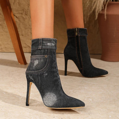 Pointed Toe Patchwork Zipper Stiletto Heel Denim Ankle Boots