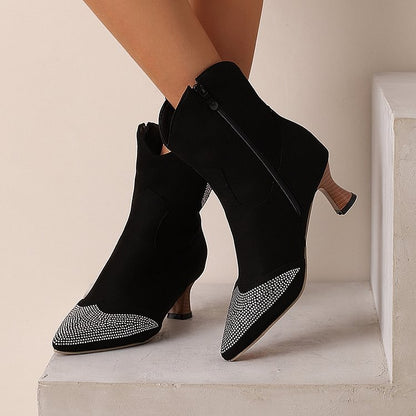 Rhinestone Decor Patchwork Pointed Toe Zipper Ankle Boots