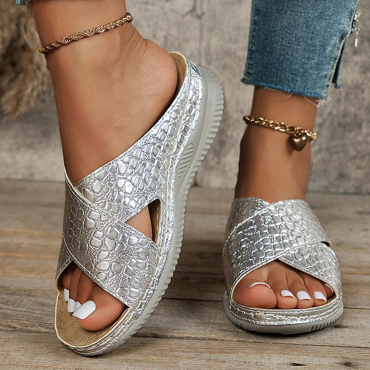 Crocodile Embossed Cross Belt Soft-Soled Wedge Slippers