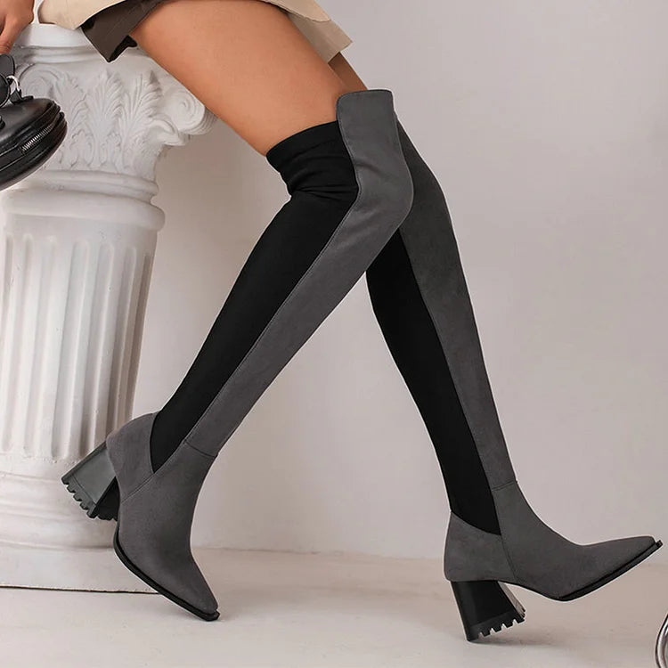 Colorblock Irregular Edge Pointed Toe Chunky Heel Over The Knee Boots