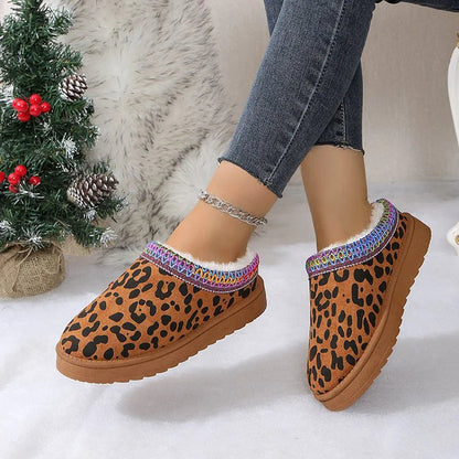 Leopard Print Fleece Lined Multicolor Trim Round Toe Snow Boots