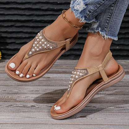 Rhinestone Pearl Embellished Elastic Ankle Band Flip Flops Sandals