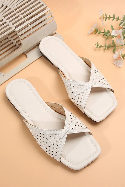 Casual Hollow Out Square Toe Solid Color Slippers