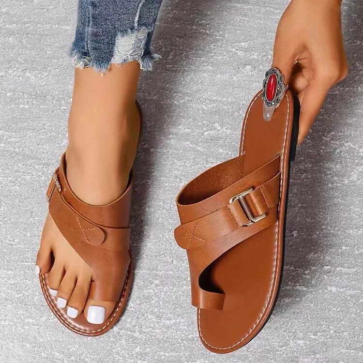 Belt Buckle Patchwork Seam Toe Ring Plain Slippers