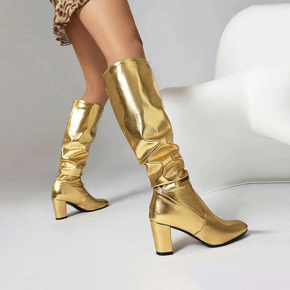 Metallic Sheen Slouch Pointed Toe Chunky Heel Knee High Boots