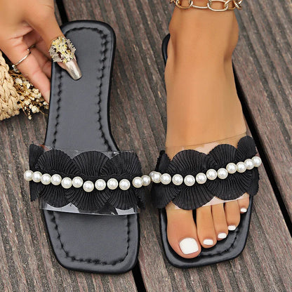 Elegant Pearl Round Shaped Lace Trim Square Toe Slippers