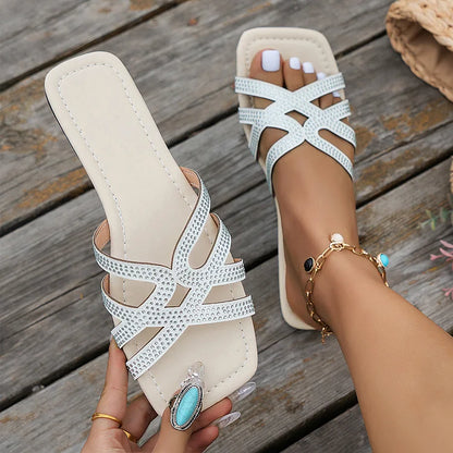 Rhinestone Embellished Strappy Hollow Square Toe Slippers