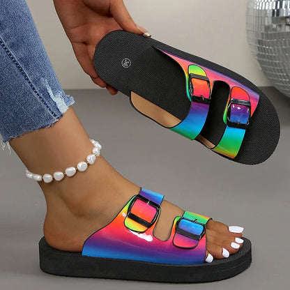 Rainbow Color Buckles Cut Out Round Toe Platform Slippers