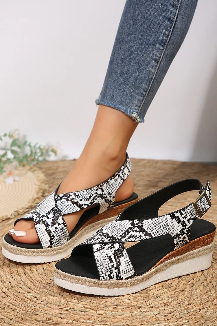 Snake Zebra-Striped Print Cross Belt Buckle Wedge Espadrille Sandals