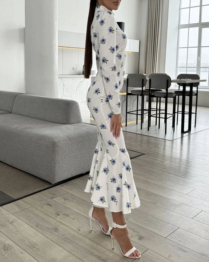 Elegant Half-Collar Floral Print Dress