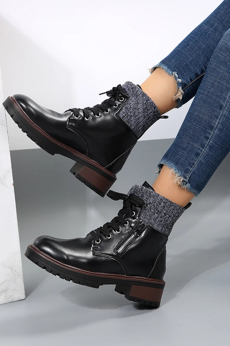 Patchwork Zipper Round Toe Chunky Heel Lace Up Ankle Boots