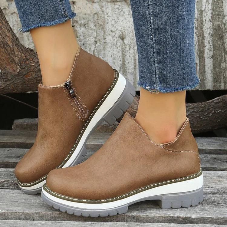 Patchwork Round Toe Chunky Heel Zipper Casual Ankle Boots