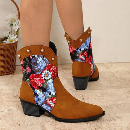 Patchwork Floral Print Metallic Studded Pointed Toe Cowgirl Boots