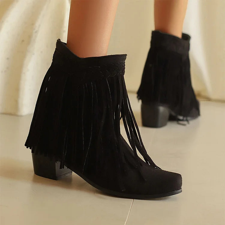 Pointed Toe Braided Fringed Trim Solid Color Chunky Heel Mid Boots