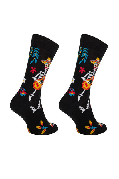 Halloween Multicolor Skeleton Skull Floral Pattern Mid Calf Socks