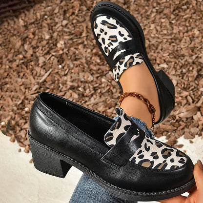 Leopard Print Patchwork Round Toe Slip On Chunky Heels