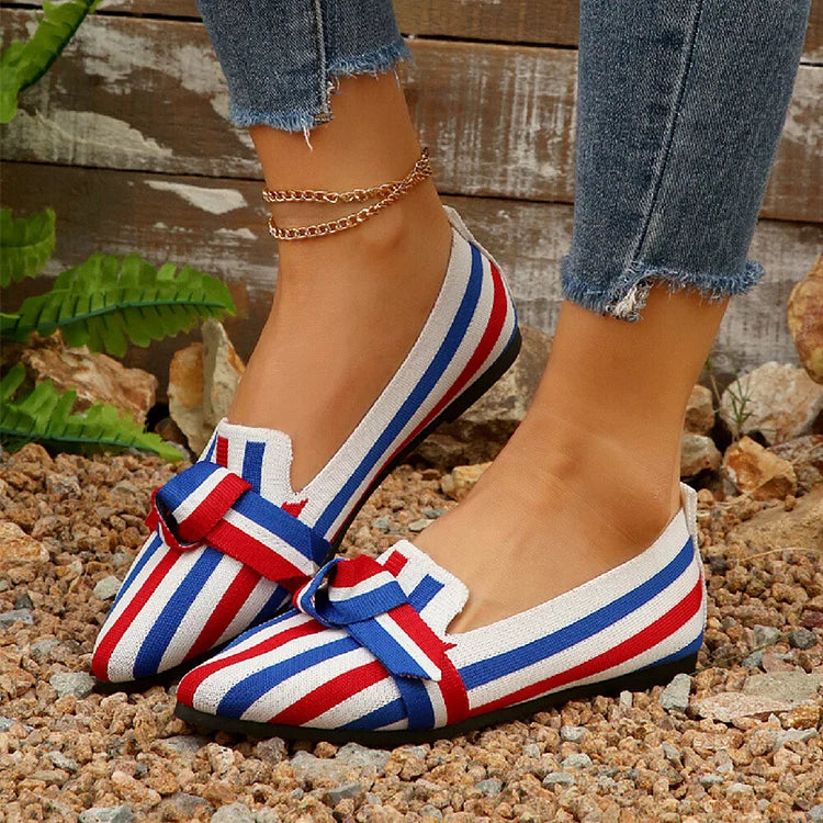 Knotted Colorblock Striped Pointed Toe Slip On Flats