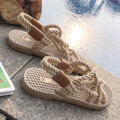 Criss Cross Slingback Crochet Rope Strap Plain Casual Sandals