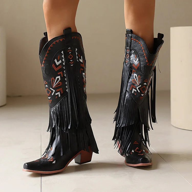 Tribal Pattern Embroidery Fringe Pointed Toe Chunky Heel Western Boots