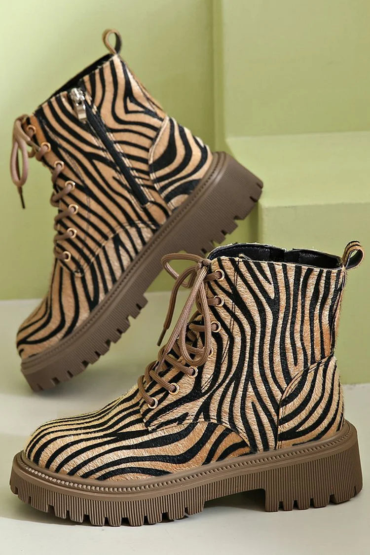 Zebra Print Patchwork Round Toe Lace Up Ankle Boots