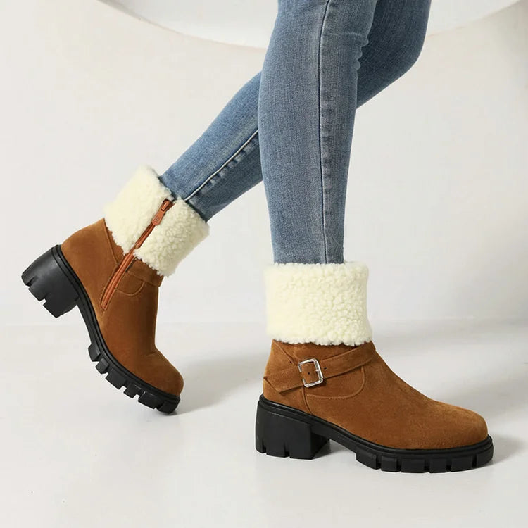 Round Toe Strap Buckle Decor Fluffy Trim Chunky Heel Snow Boots