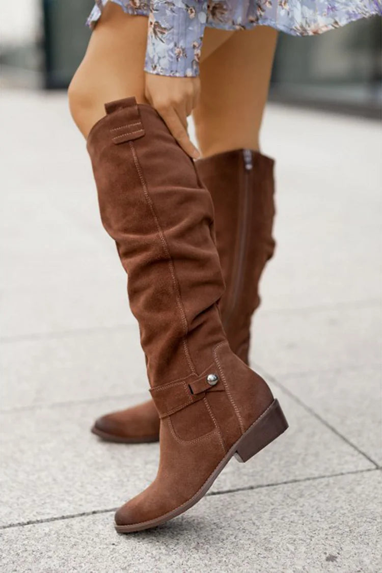 Solid Color Zipper Patchwork Round Toe Knee High Boots