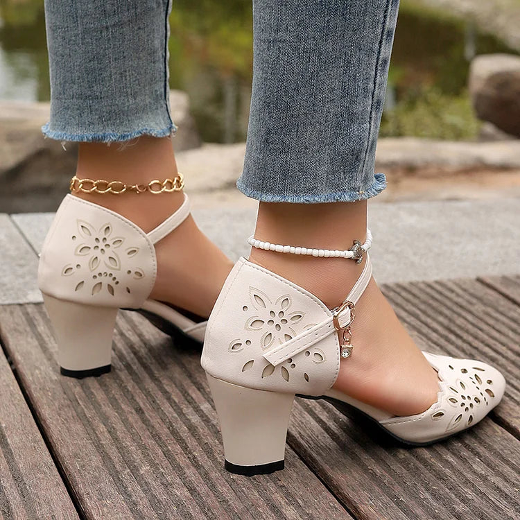 Openwork Design Pointed Toe Ankle Strap Buckle Chunky Heels