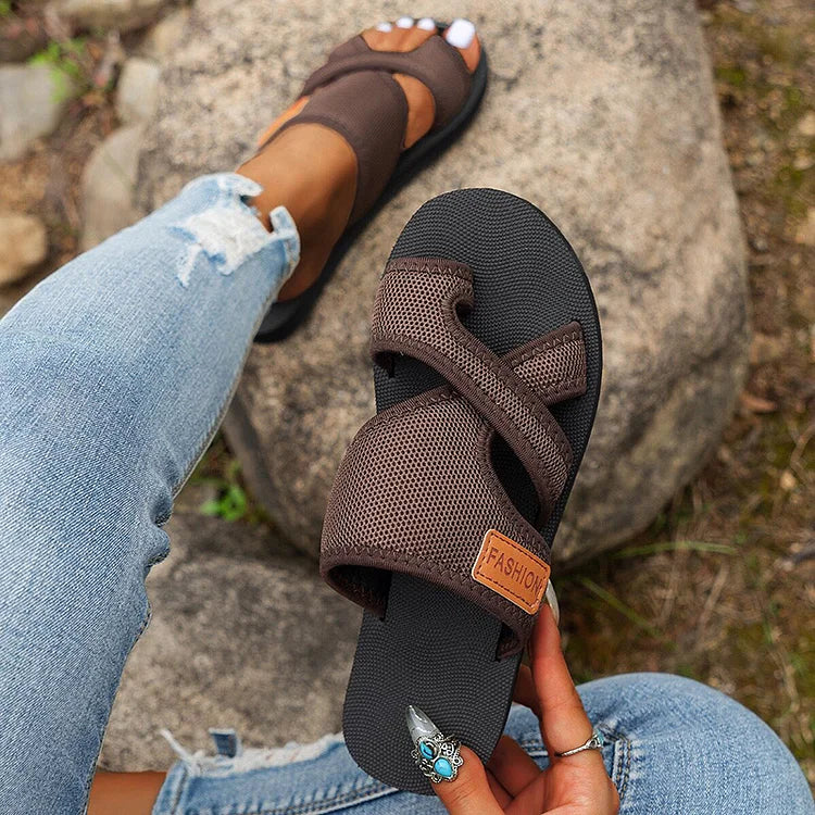 Plain Cross Belt Toe Ring Muffin Platform Breathable Slippers