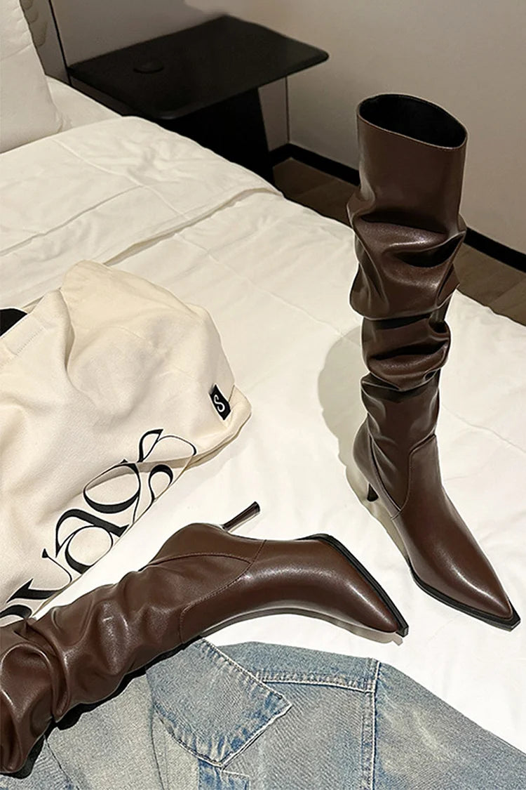 Pointed Toe Solid Color Patchwork Stiletto Heel Knee High Boots