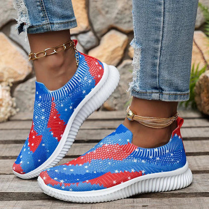 Striped Star Pattern Print Slip On Casual Lightweight Sneakers