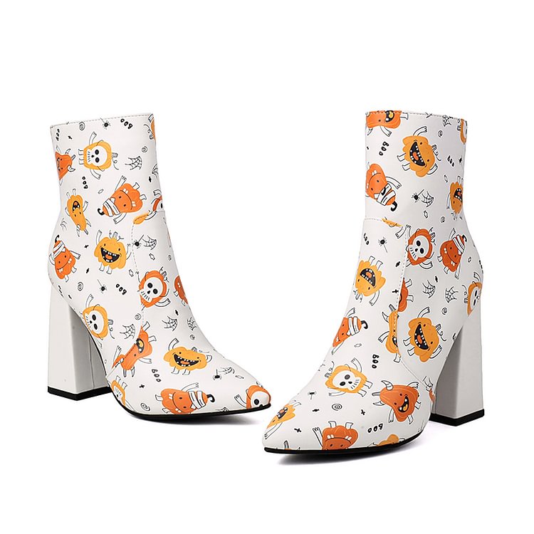 Halloween Pumpkin Skull Print Pointe Toe Chunky Heel Ankle Boots