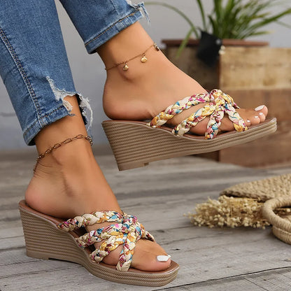 Floral Print Woven Strap Knotted Square Toe Wedge Slippers