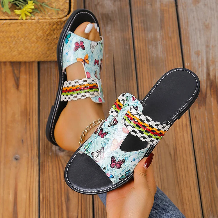 Butterfly Print Woven Strap Seam Cut Out Vacation Slippers