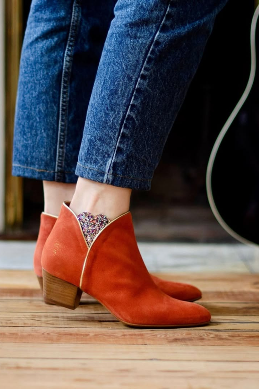 Orange Suede Glitter Accent Ankle Boots [Pre Order]