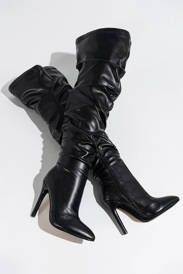 Side Zipper Pointed Toe Stiletto Heel Slouch Over The Knee Boots