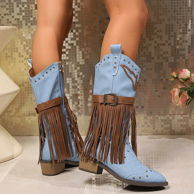 Colorblock Fringed Trim Metal Rivets Pointed Toe Chunky Heel Mid Calf Boots