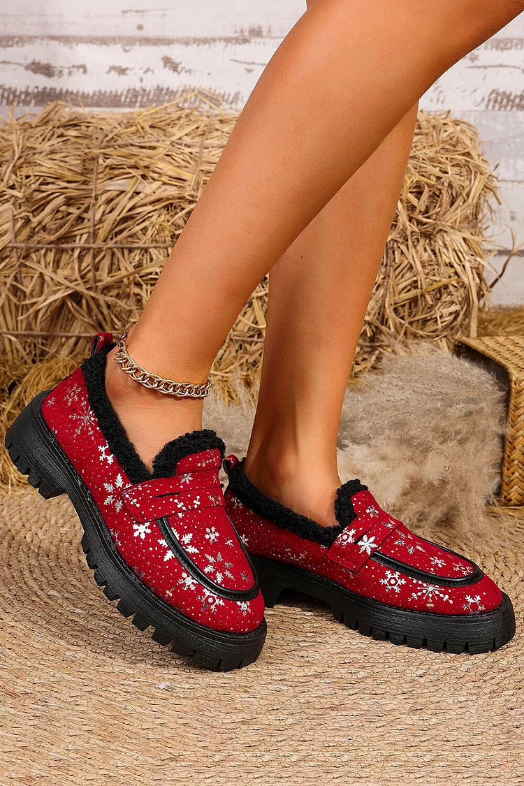 Christmas Snowflake Print Fleece Lined Round Toe Loafers