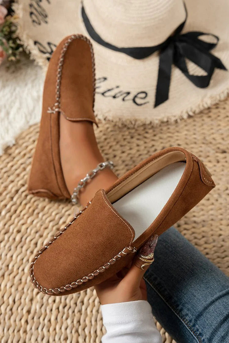 Stitch Detail Solid Color Round Toe Slip On Loafers