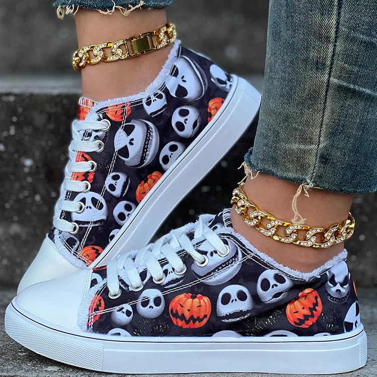 Halloween Pumpkin Ghost Head Print Raw Trim Lace Up Casual Shoes