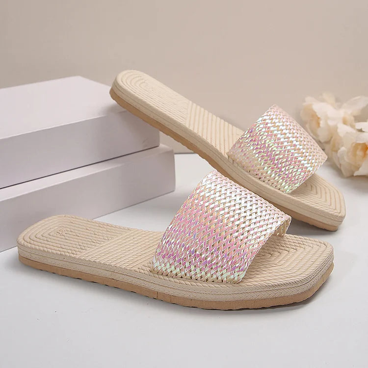 Crochet Hollow Out Instep Belt Square Toe Textured Slippers